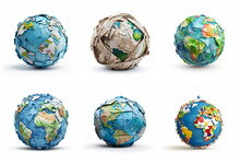 Waste Paper 3d Globe Icon Collection On White. Eco Friendly Banner With The Globes Made Of Waste Paper Showing The Concept Of Recycling Paper, Giving Paper The Second Life. Environmental Concern