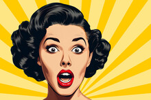 Wow Effect, Beautiful Surprised Young Woman With Open Mouth, Retro Pop Art Style Surprised And Excited Comics Woman With Open Mouth, Surprised Woman On Pop Art Background,.