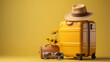 Stylish yellow suitcase with hat and sun glasses on yellow background, beautiful yellow background composition of travel concept, luggage of one suitcase, travel background, generative ai