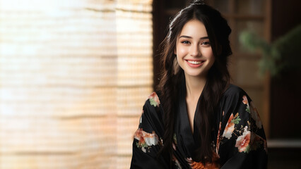 Japanese girl in kimono traditional cloth, Smiling woman, long straight black hair