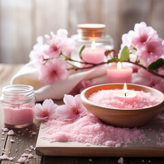 Beautiful spa salon pink composition in wellness center. Spa still life with aromatic candle, sakura flowers, sea ​​salt and towel. Beauty spa treatment and relax. Relaxing pink background.