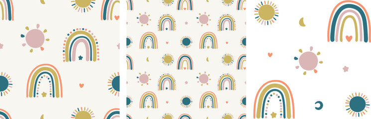 Wall Mural - Boho Neutral Nursery Rainbow Sun Cute Seamless Pattern Vector Illustration