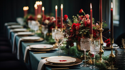 Wall Mural - Festive table setting with plates, candles and floral bouquet. Table set for banquet in luxury restaurant