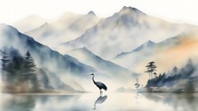 Double Exposure Of A Bird And A Mountain, Natural Scenery. Watercolor. Watercolor Postcard Of Mountains And Cranes.