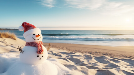 snowman in a santa claus hat on a sandy white beach on the caribbean sea. celebration of the new yea