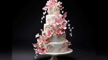 Wall Mural - Beautiful multi-tiered wedding cake masterpiece with floral motifs. Genrative AI