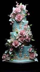 Wall Mural - Beautiful multi-tiered wedding cake masterpiece with floral motifs. Genrative AI