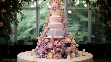 Wall Mural - Beautiful multi-tiered wedding cake masterpiece with floral motifs. Genrative AI