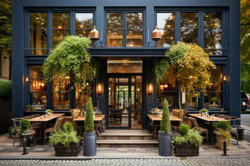 View from the street of a modern cafe with a large window, showcasing its sleek, minimalist design, decorated with pants and geenery. Eco-friendy urban design, sustainable lifestyle.