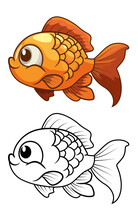 Goldfish Cartoon Vector Illustration, Golden Fish Carassius Auratus Fish , Fresh Water Aquarium Fish Colored And Black And White Stock Vector Image
