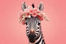 Zebra With Flowers On Head And Strong Pink Pastel Background.