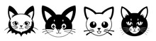 Set Cats With Different Faces Are Shown In Black And White, Smooth And Clean Vector Curves, Vector Art, International Typographic Style. Cartoon Avatar.
