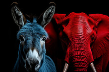 Blue Donkey And Red Elephant On A Black Background - Democrats And Republicans