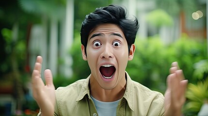 Asian handsome man exited surprise face expression . Male feels shocked with the phone. exciting smile and happy adorable rejoices. Very enjoy and fun relax time. wow, girl holding smartphone.