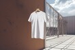 White T-shirt on a hanger on a background of wooden wall