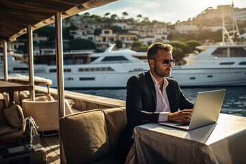 A businessman working on a laptop on the yacht.