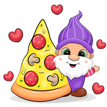 Cute Cartoon Gnome With A Big Piece Of Pizza. Vector Illustration Of Dwarf Man On A White Background With Red Hearts.