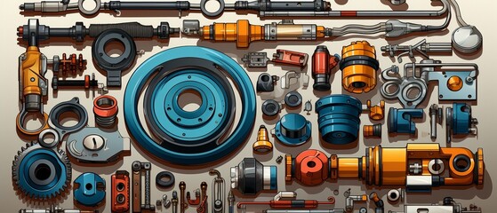 Cartoon vector set of engineering industrial pieces and spare parts for mechanisms. pipeline gate valves, worm, bevel, and helical gears.