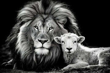 Wall Mural - The Lion and the Lamb, Bible's description of the coming of Jesus Christ. AI-generated black and white image	
