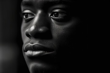 Wall Mural - Close up black and white photo of african american man staring. Male model high quality studio photo