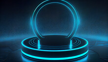 Futuristic Blue Podium Neon Light Circle Background, Ai Generated Image