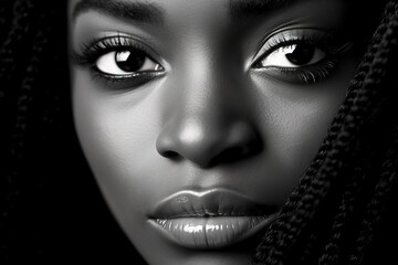 Wall Mural - Close up black and white photo of african american woman staring. Female model high quality studio photo