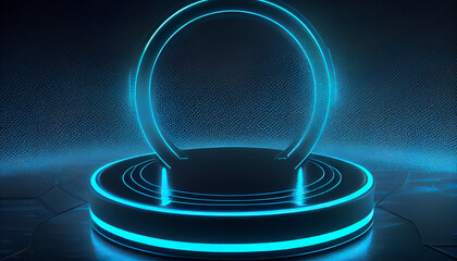 Futuristic blue podium neon light circle background, Ai generated image