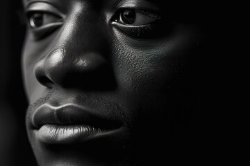 Wall Mural - Close up black and white photo of african american man staring. Male model high quality studio photo