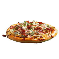 Sticker - Italian carbonara pizza with bacon balsamic vinegar blue plates in restaurant transparent background