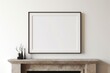 © Distinctive Images - Scandinavian living room fireplace mantle interior with blank frame mock up on wall with minimalist furniture chair plant white