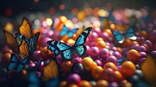 Illustration Of A Butterfly Perched On A Colorful Balloon