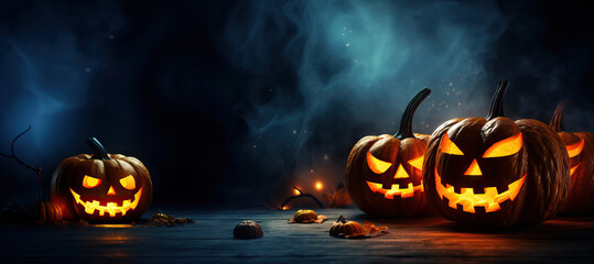 Jack O' Lantern halloween pumpkins on background of a scary halloween night. Copy space