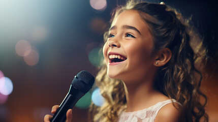 Talented girl future solo musician sings holds a microphone in her hands performs on stage. Vocal training concept. ai design