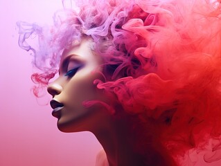 Mysterious sensual woman with bright make-up, shrouded in a background of colored smoke. Ai design