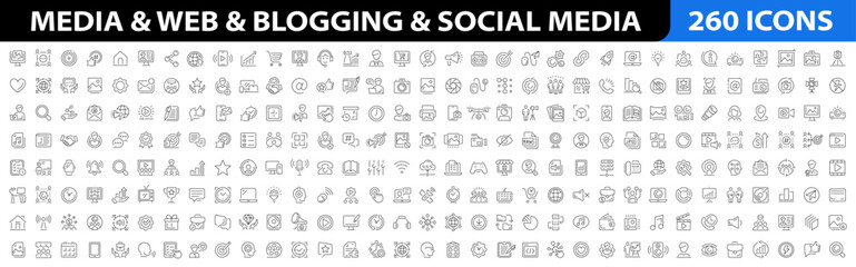 Wall Mural - Media and Web Big icon set. Social Media icons. Blogging line icons. Data analytics, Management, Message, Website, Blog, Content, Business marketing, Social network and more. Vector illustration.
