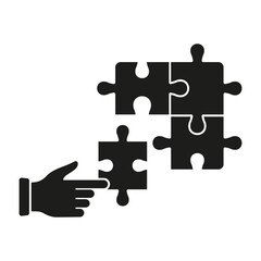 Wall Mural - Brainstorming Process, Problem Solving, Puzzle Strategy Solution. Connect Parts of Puzzle Solid Symbol. Jigsaw and Human Hand Silhouette Icon. Team Game Glyph Pictogram. Isolated Vector Illustration