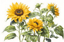 Yellow Sunflower On Isolated White Background, Watercolor Botanical Illustration, Hand Drawing, Summer Flower. Generative AI