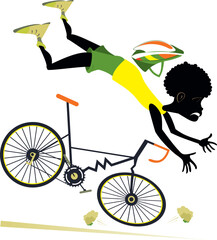 Wall Mural - African cyclist falling down from the bicycle. 
Cycling young African man falling down from the bicycle. Isolated on white background
