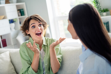 Wall Mural - Photo of excited shocked young girls wear shirts sitting sofa telling good news indoors apartment room