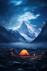 orange camping tent in the mountain at night