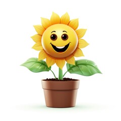 Wall Mural - A smiling sunflower in a pot with leaves. Digital image.