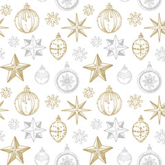 Merry Christmas and Happy New Year seamless pattern with golden hand drawn stars and toys. Festive background. Vector illustration in sketch style