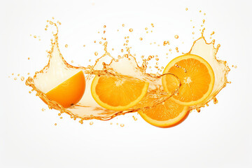 Wall Mural - Oranges and orange slices falling into the r with a splash of orange juice.