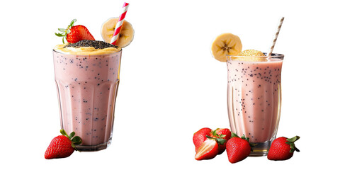 Poster - Smoothie made with bananas and strawberries topped with bananas and black sesame seeds transparent background