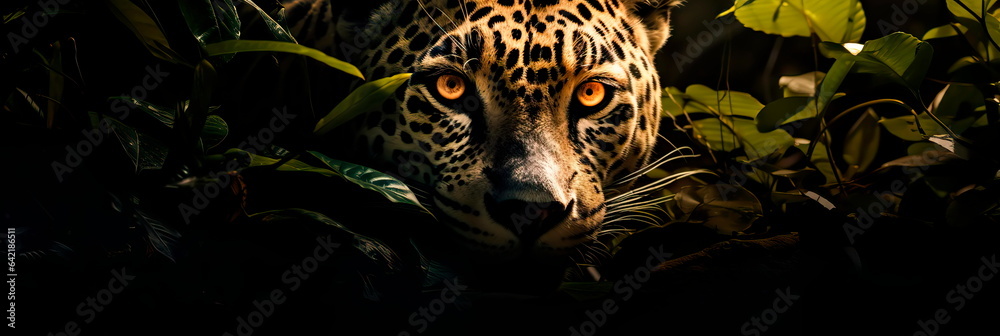 jaguar concealed amidst the dense foliage of the Amazon rainforest ...