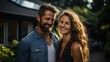 © DesignVectX - Happy couple posing in front of their house with solar panels on the roof