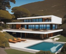 Hyper Realistic Eye Level Exterior Photo Of A Mid Century Modern Style House Overlooking The Ocean