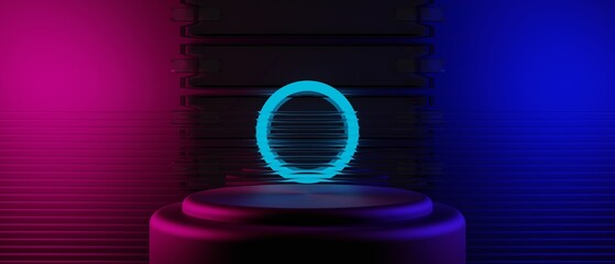 Wall Mural - 3d illustration rendering of technology futuristic cyberpunk display, gaming scifi stage pedestal background, gamer banner sign of neon glow stand podium for product sale