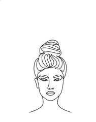 Wall Mural - Women Hear Bun eyelash beauty salon linear logo design. Feminine skin care hairstyle line art icon and poster artwork.