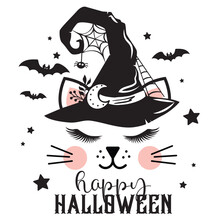Happy Halloween Vector Illustration. Cute Cat Face In Witch Hat With Bats, Stars And Spider. Girls Halloween Design Isolated.